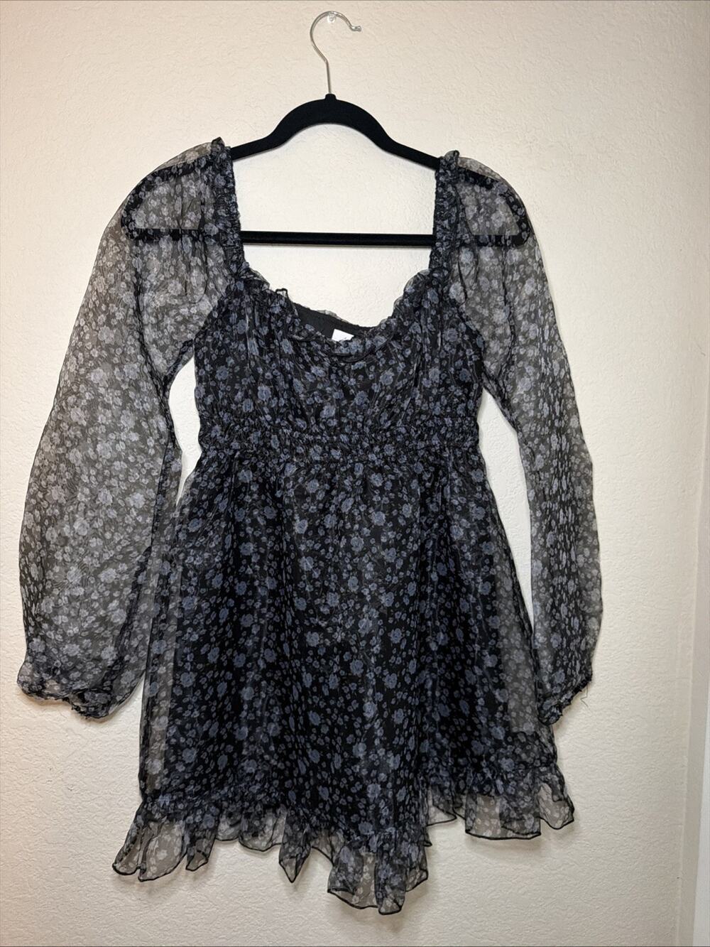 New! All In Favor Womens/Jr S Black With Floral Mini Dress Balloon Sheer Sleeve